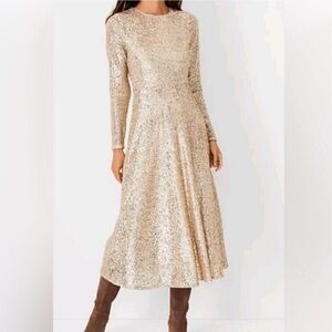 ANN TAYLOR GOLD SEQUINED FLARED MIDI DRESS WITH LONG SLEEVES